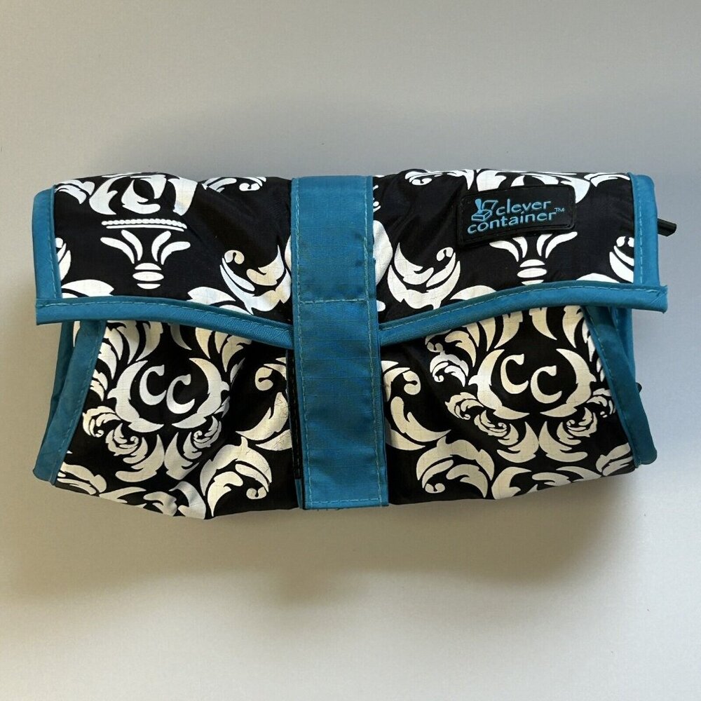 Clever Container On a Roll Jewelry Roll Black / White Damask Teal Trim PREOWNED